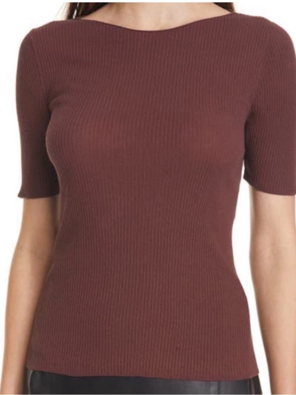 Vince Ribbed Boat Neck Top Burgundy Cotton Tee Size M